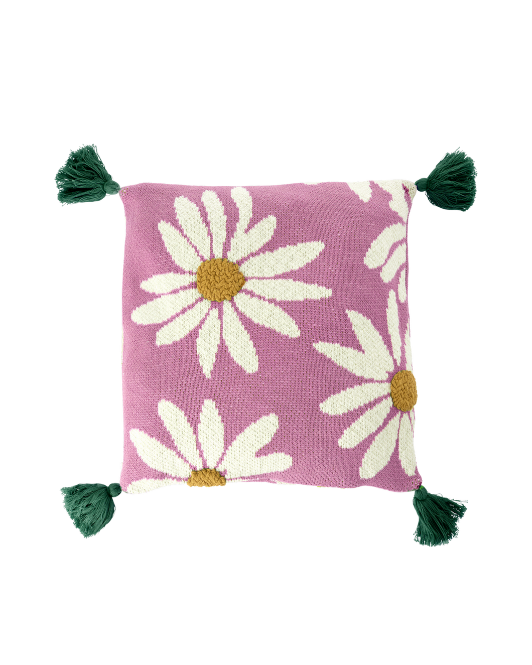Square Knitted Cushion with Flowers and Tassels