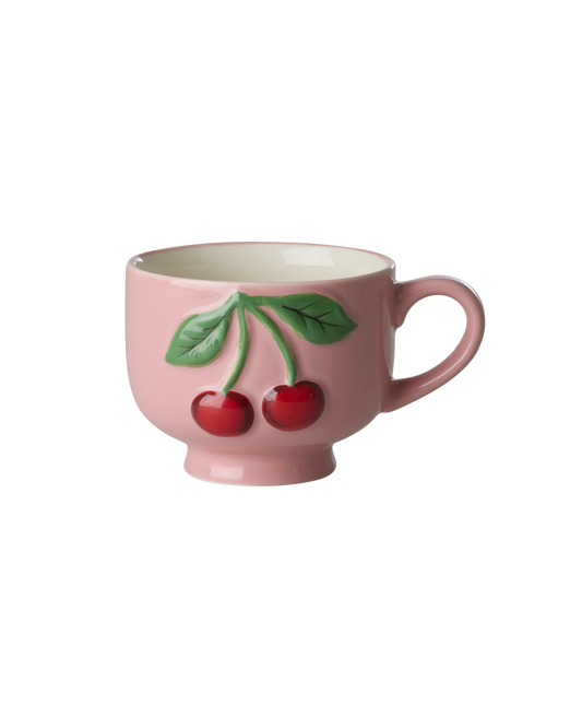 Ceramic Mug with Embossed Red Cherries - Pink