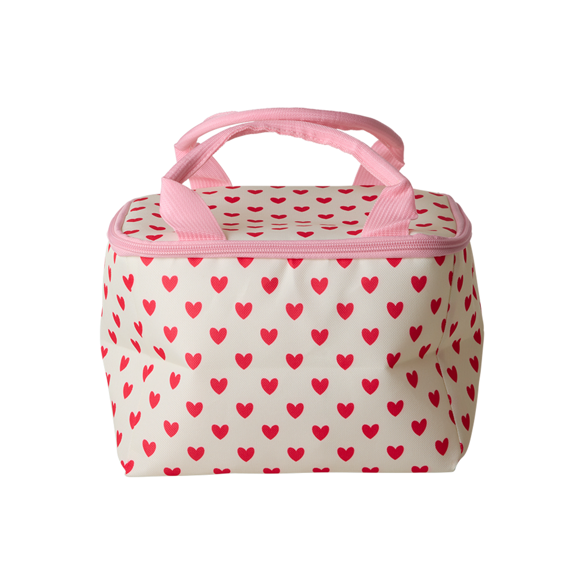 Small rectangular bag with pink heart pattern on a white background