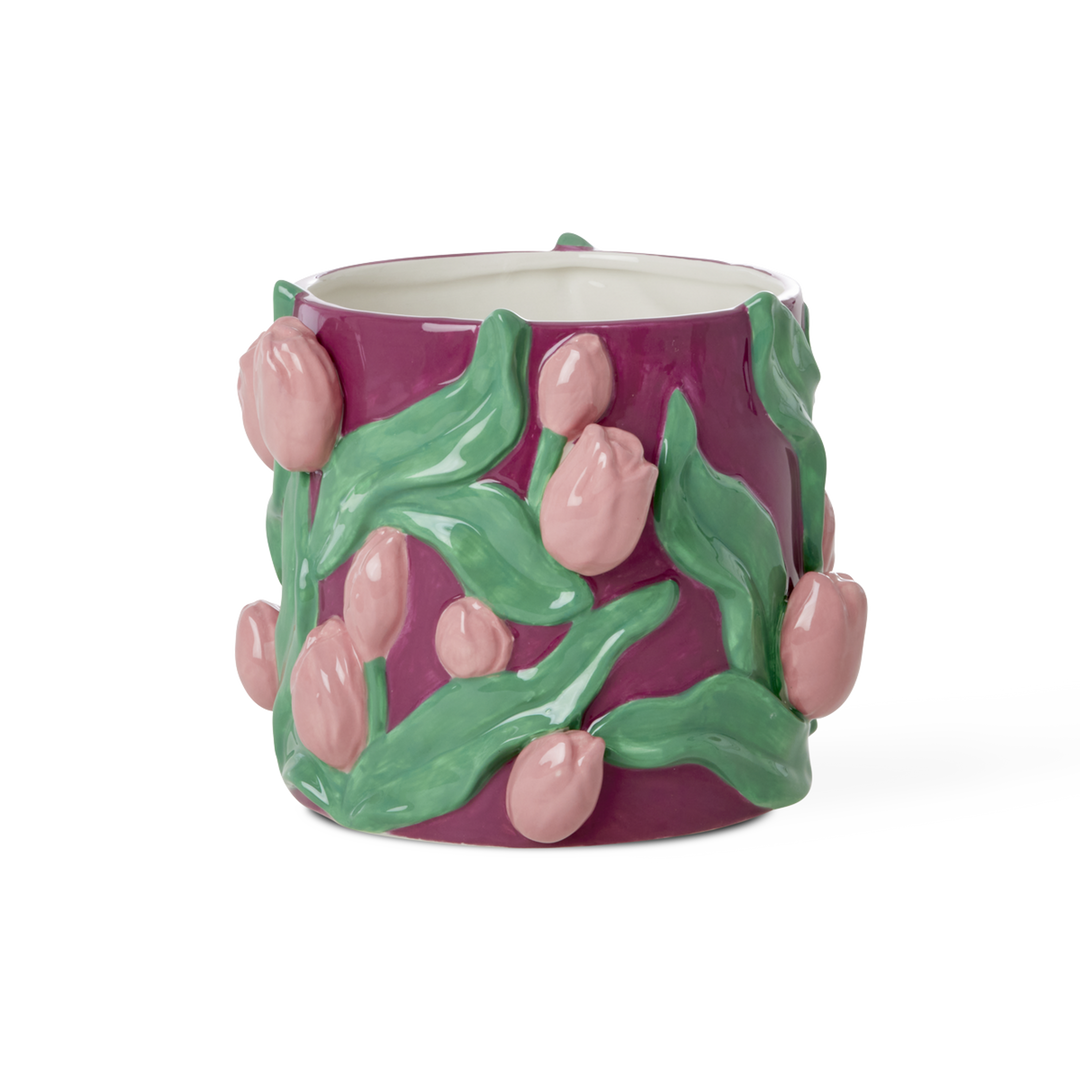Ceramic Flower Pot - Bordeaux Embossed Tulips Design