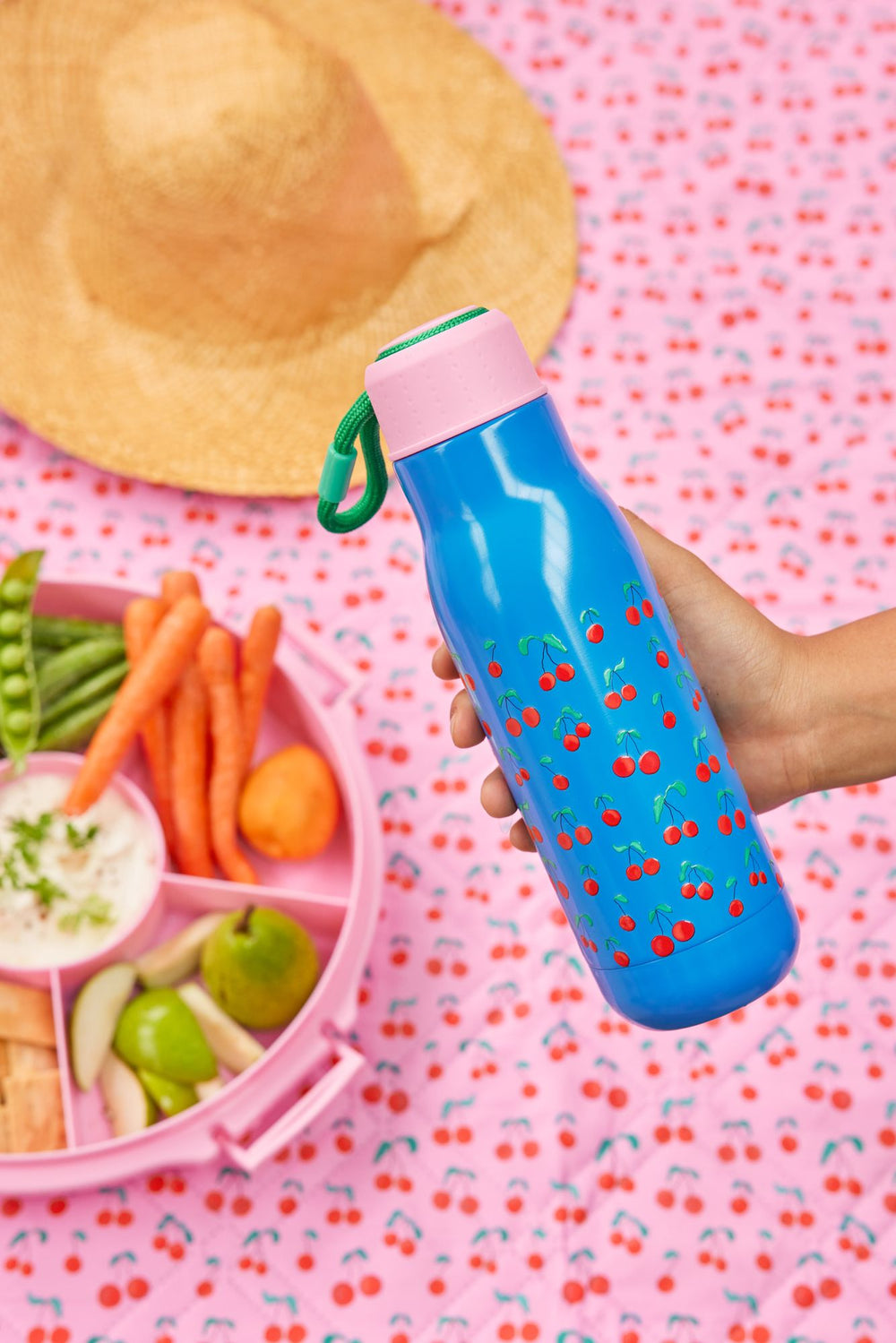 Stainless Steel Drinking Bottle - Blue Cherry Love Print