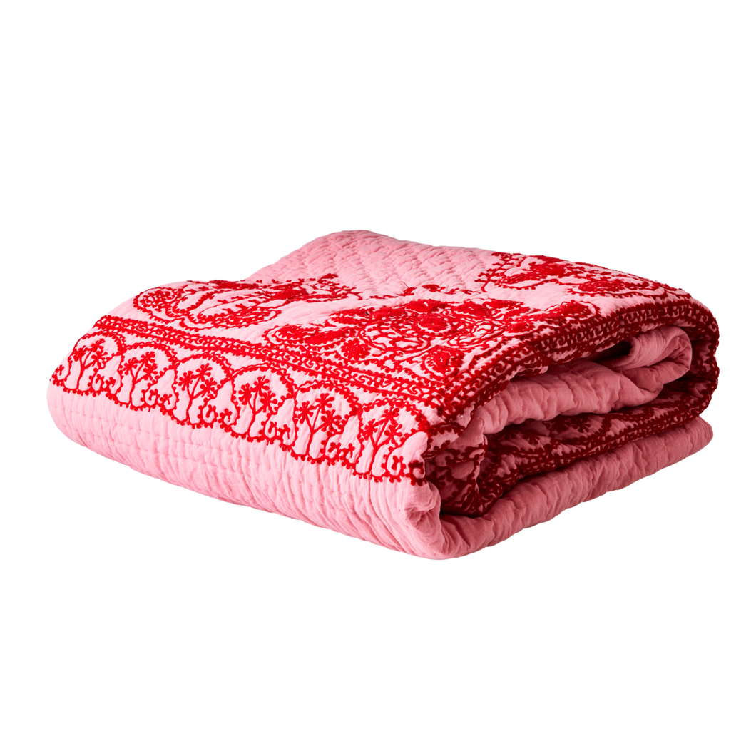 Cotton Quilt Bedspread in Pink with Red Embroidery