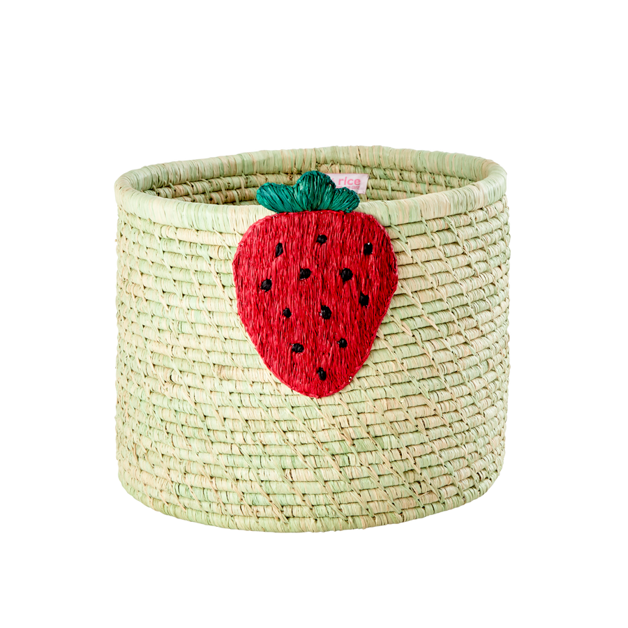 Raffia Basket in Green with Strawberry Embroidery