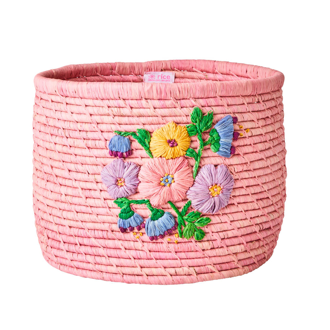 Raffia Round Basket with Flower Embroidery in Pink - Large