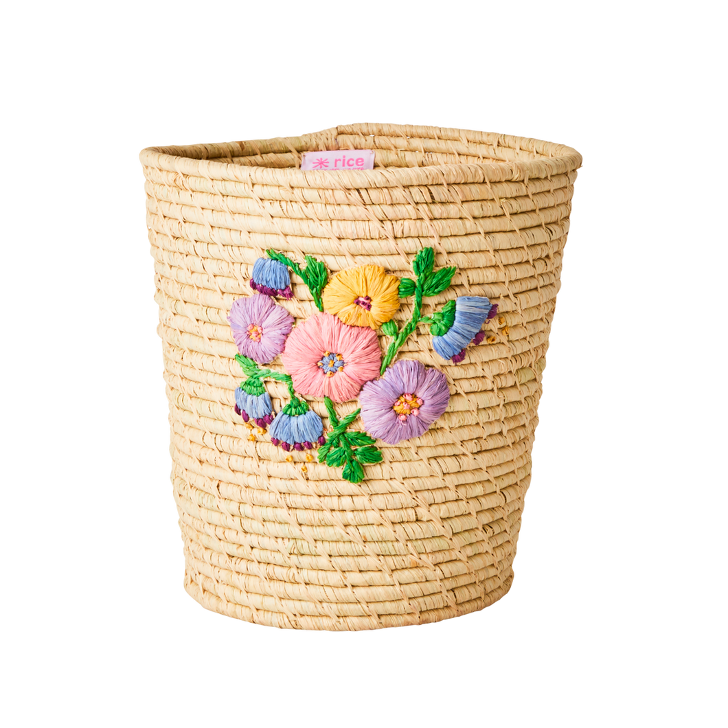 Raffia Round Basket with Flower Embroidery in Nature - Medium