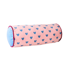 Load image into Gallery viewer, Velvet Bolster Pillow in Pink with Gendarme Hearts - Medium
