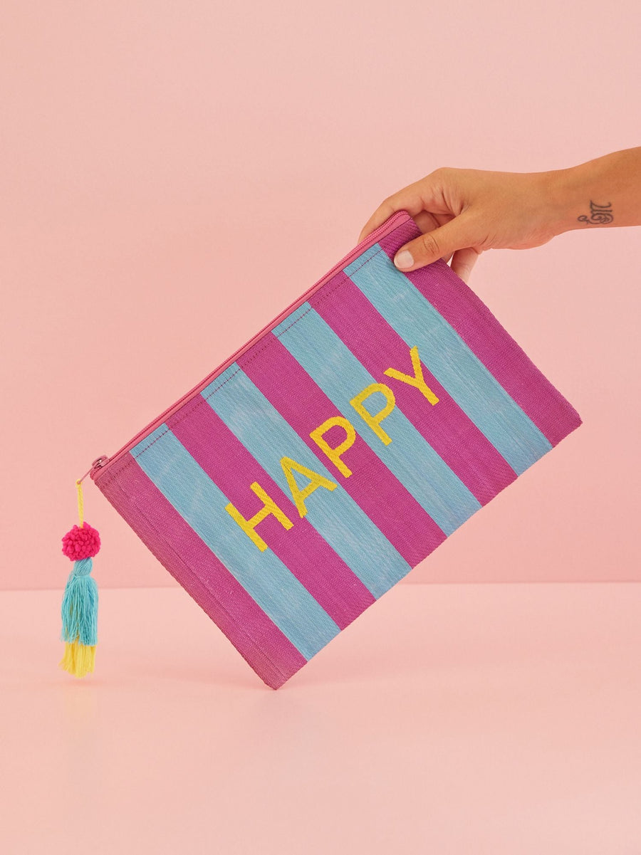 Recycled Plastic Pouch Bag - Happy - Blue and Purple Stripes