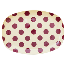 Load image into Gallery viewer, Melamine Rectangular Plate in Maroon Dots Print
